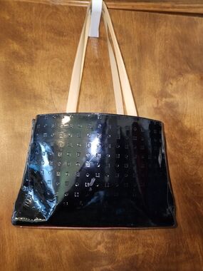 Arcadia Patent Leather Black Tote Bag with Neutral Straps
